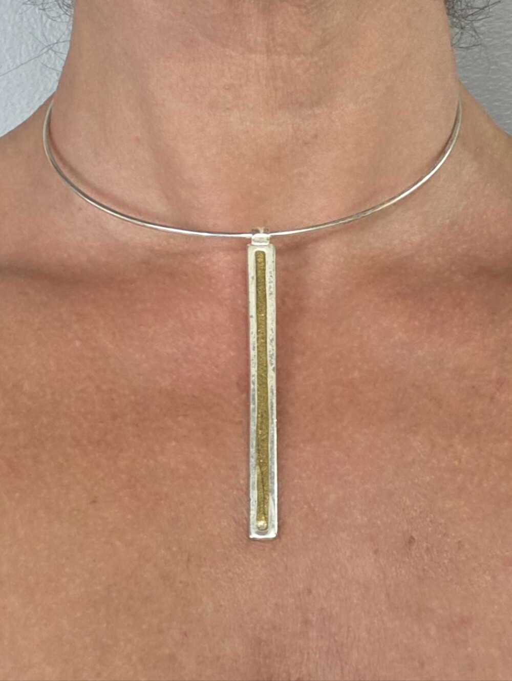 Silver Choker Necklace Neck Cuff with Gold Accent Bar Pendant